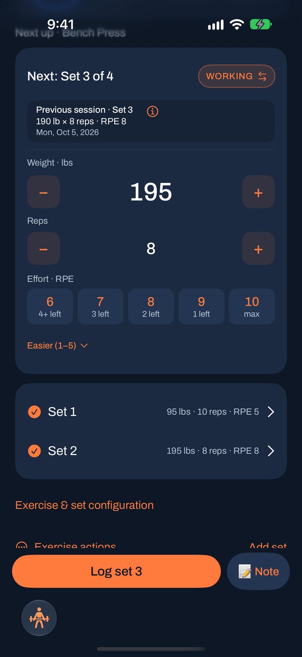Log your set: Set 3 of 4 marked Working, last session's Set 3, weight and reps steppers, and RPE buttons from 6 (4+ left) to 10 (max)