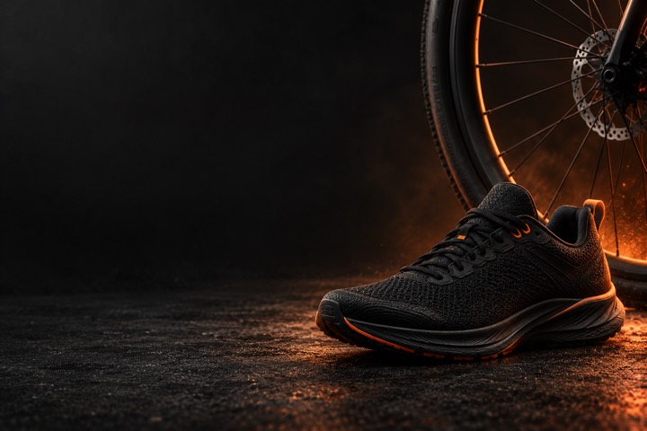 A running shoe beside a bicycle wheel
