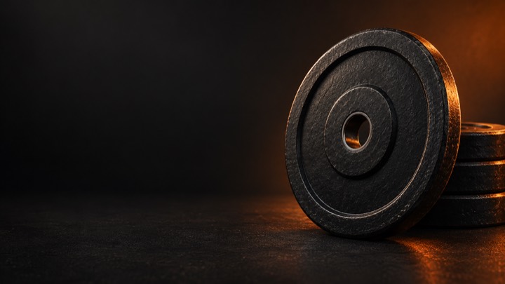 Weight plates lit in ember orange