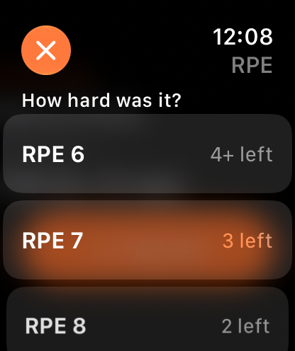 Apple Watch asking how hard was it, with RPE 6, 4+ left; RPE 7, 3 left; and RPE 8, 2 left