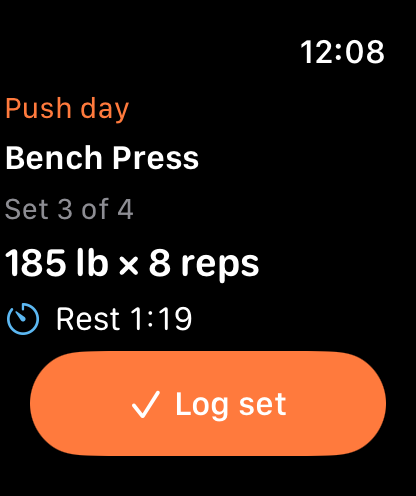 Apple Watch showing Bench Press, set 3 of 4, 185 pounds for 8 reps, with rest counting down at 1:19