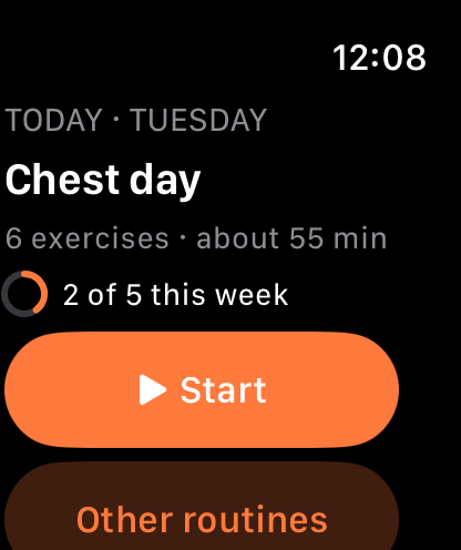 Apple Watch showing Today, Tuesday: Chest day, 6 exercises, about 55 minutes, 2 of 5 workouts this week, with Start and Other routines buttons
